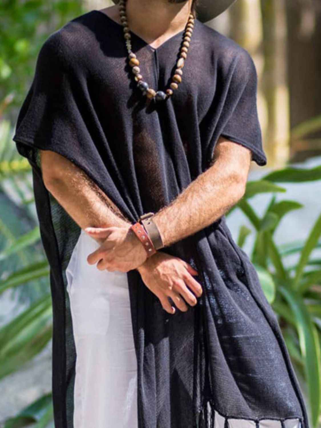 Men's Full Size Fringe V-Neck Half Sleeve Cover Up Plus Size - Damned Threads